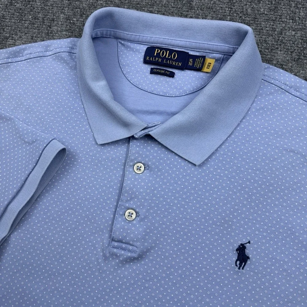 Polo Ralph Lauren‎ Classic Fit Knit Polo Shirt XL Blue Mini Dot Geometric Golf